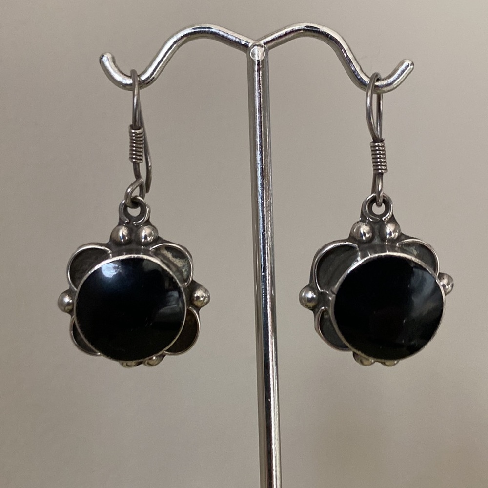 Black Onyx Earrings 925 Silver Shepards Hook - Picture 1 of 4